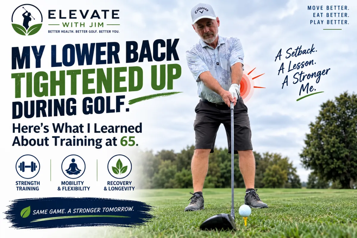 Jim preparing to hit a golf ball, with the headline “My Lower Back Tightened Up During Golf” and a focus on strength, mobility, and recovery at age 65.