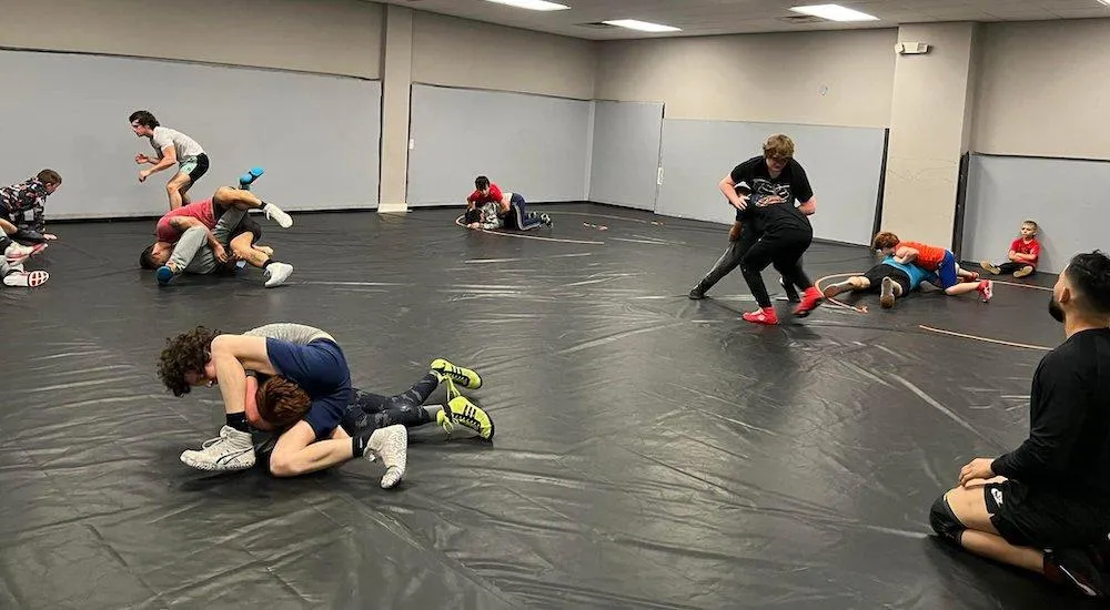 Dynamic wrestling match in progress, showcasing strength and technique