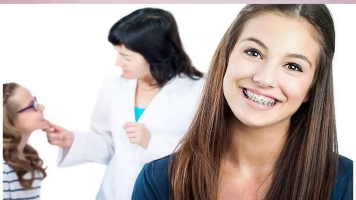 Smiling girl with braces in the foreground, dental professional examining a young girl in a dental chair.