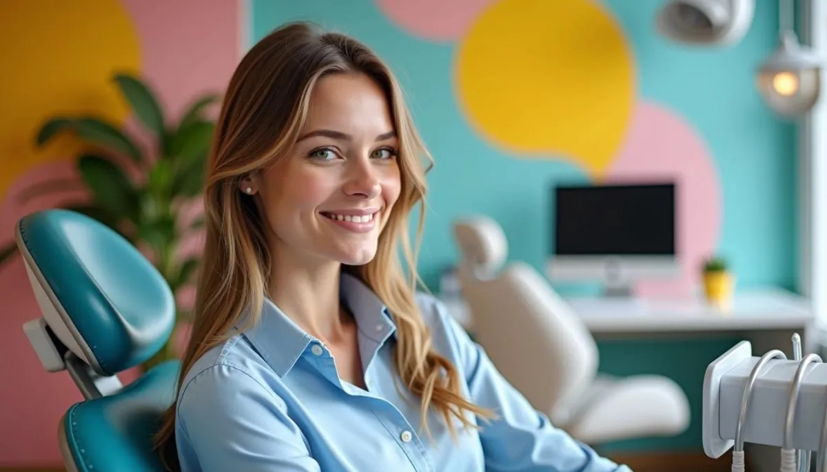 This image depics a happy orthodontic patient, a smiling woman in a blue shirt sits in a colorful orthodontic office with pink and teal walls.