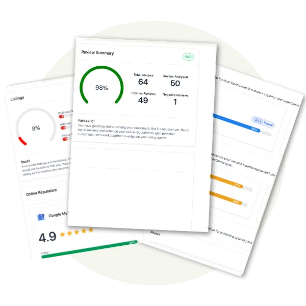 Digital Health Report showing online visibility, customer reviews, SEO performance, and business listings analysis for improved digital presence.