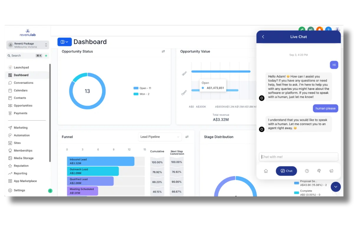 Revenu Lab Dashboard and Live Chat Interface for Business Automation and Lead Management