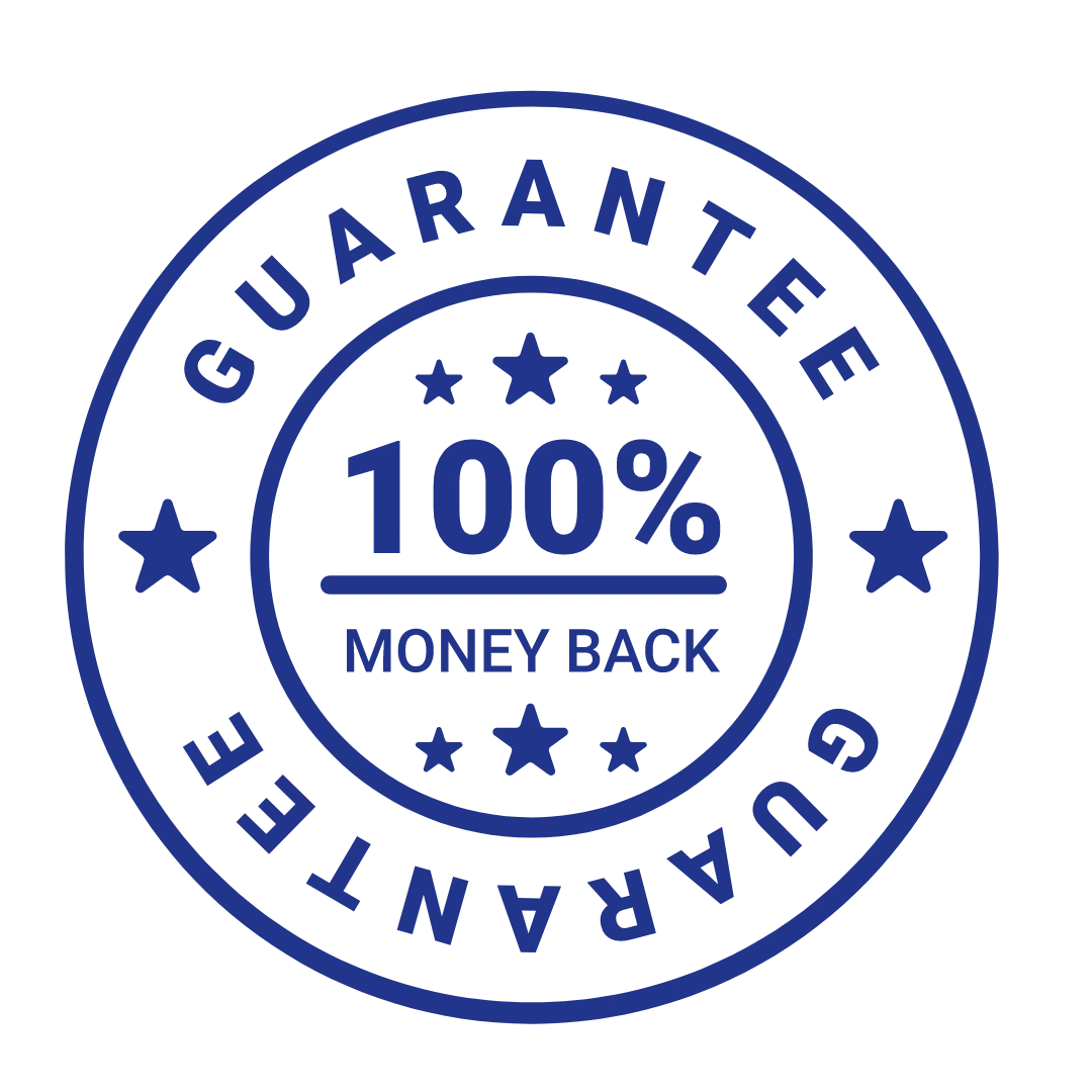 100% Money Back Guarantee Seal - Blue Circular Badge for Risk-Free Revenu Lab Offer