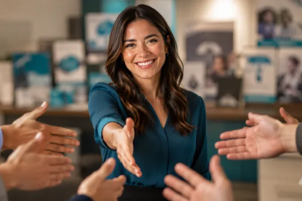 Agente de seguros extendiendo la mano mientras varias personas buscan estrecharla, con logos de aseguradoras difuminados al fondo: su marca personal la hace destacar.