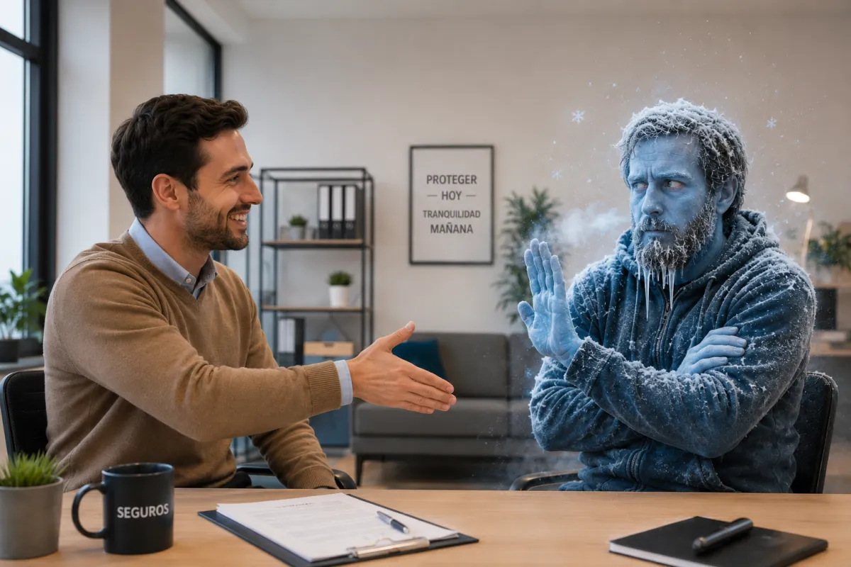 Agente de seguros sonriente extendiendo la mano para saludar a un prospecto literalmente congelado que cruza los brazos y rechaza el saludo, en una oficina; metáfora de la prospección en frío.