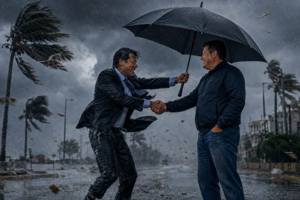 Agente de seguros empapado bajo la lluvia sostiene un paraguas sobre su cliente, que permanece seco y sonriente, durante un huracán en una calle costera