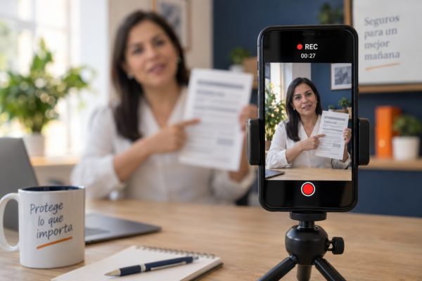 Agente de seguros grabando un reel con su celular en un mini tripié mientras explica una carátula de póliza