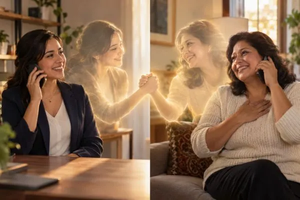 Agente de seguros y su clienta sonríen al teléfono en pantalla dividida mientras sus siluetas de luz se dan la mano en señal de confianza