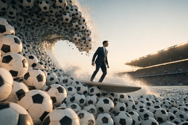 Agente de seguros en traje surfeando una ola gigante hecha de balones de futbol frente a un estadio lleno al atardecer.