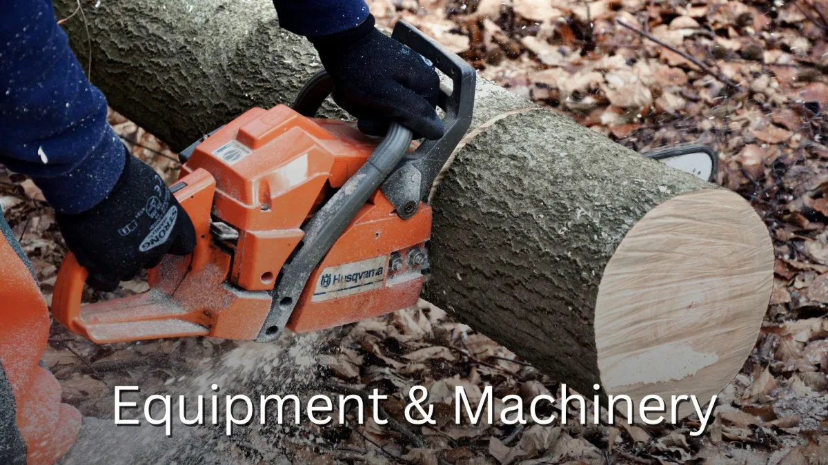 a chainsaw held in gloved hands sawing through a log.