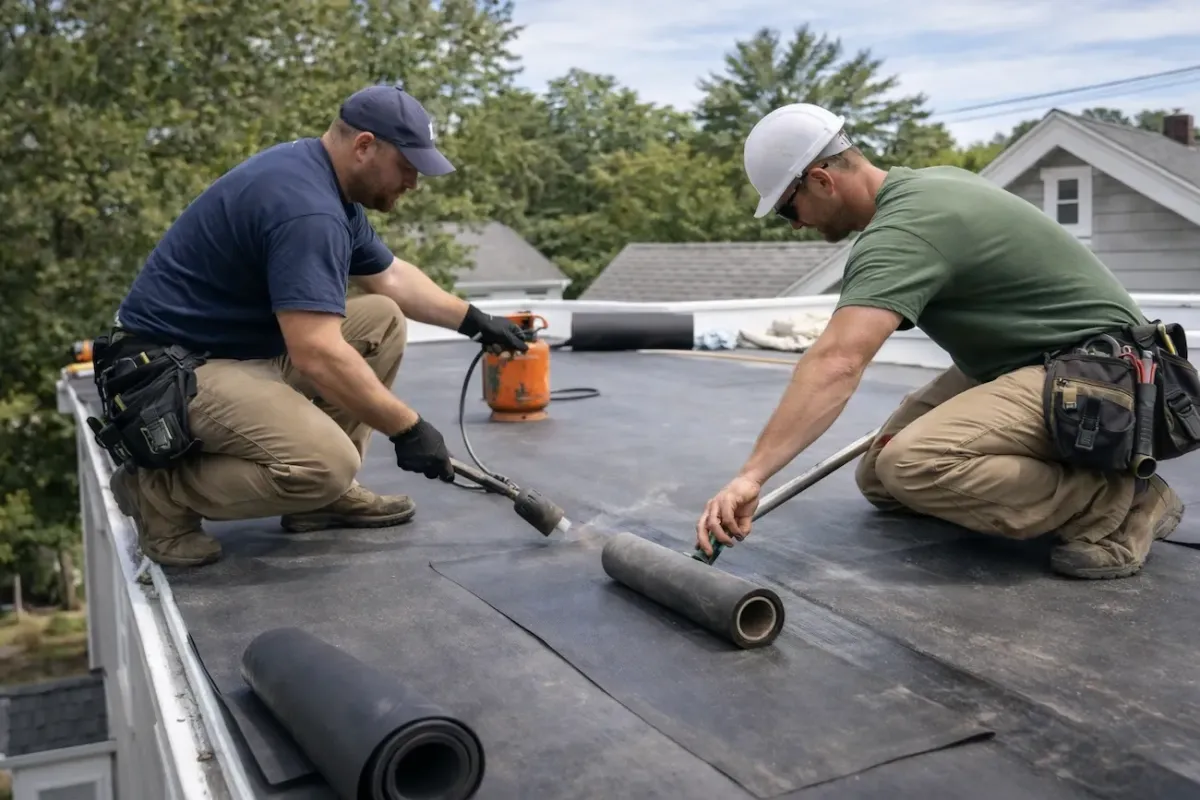 Professional flat roof installation crew working on a residential property in Everett MA.