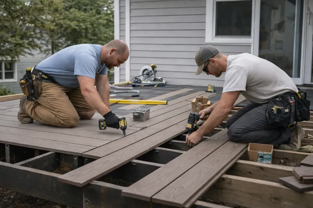 Professional composite deck builders installing low-maintenance decking on a residential home in Everett MA.
