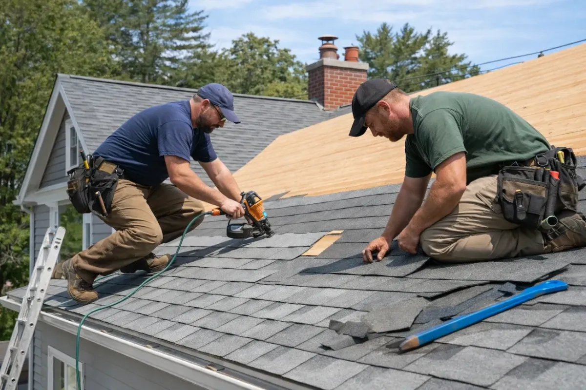Professional roof replacement crew installing new asphalt shingles on a residential home in Everett MA.