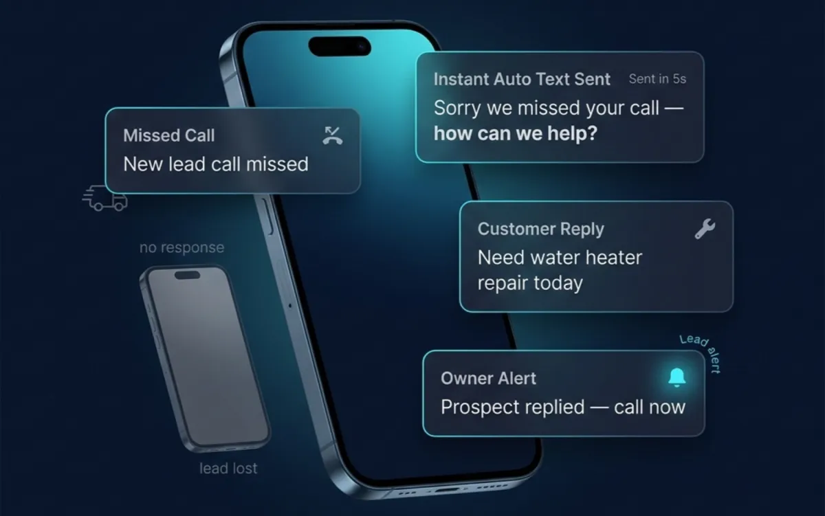 Pulsify missed call text-back software showing instant customer reply and owner alert for home service leads