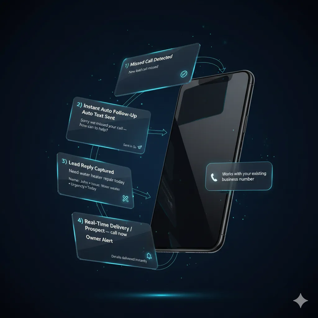 Pulsify how-it-works workflow showing missed call follow-up, lead capture, and instant owner alert for home service businesses