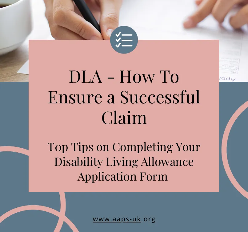 blue and pink graphic that is clickable to sign up for a free ebook on tips for completing a disability living allowance form