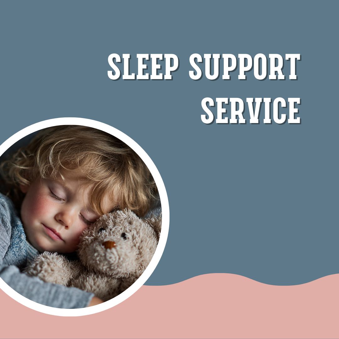 Blue and pink graphic, with an image of a child seeping soundly cuddling a teddy bear. This image is a button to access our sleep support services
