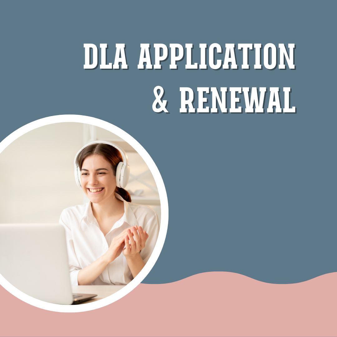 Pink and blue grahic, with a picture of a lady on a video call, wearing headphones, smiling with her hands held together in front of her. With text saying DLA application and  enwal. his image is a button to access the DLA application support sevices