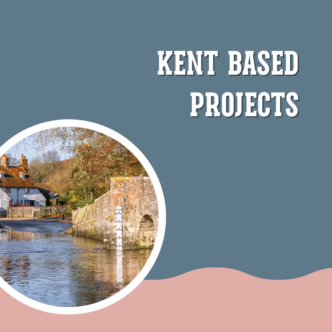 blue and pink graphic that say Kent based services. With n image of the Ford at Eynsford river n Kent