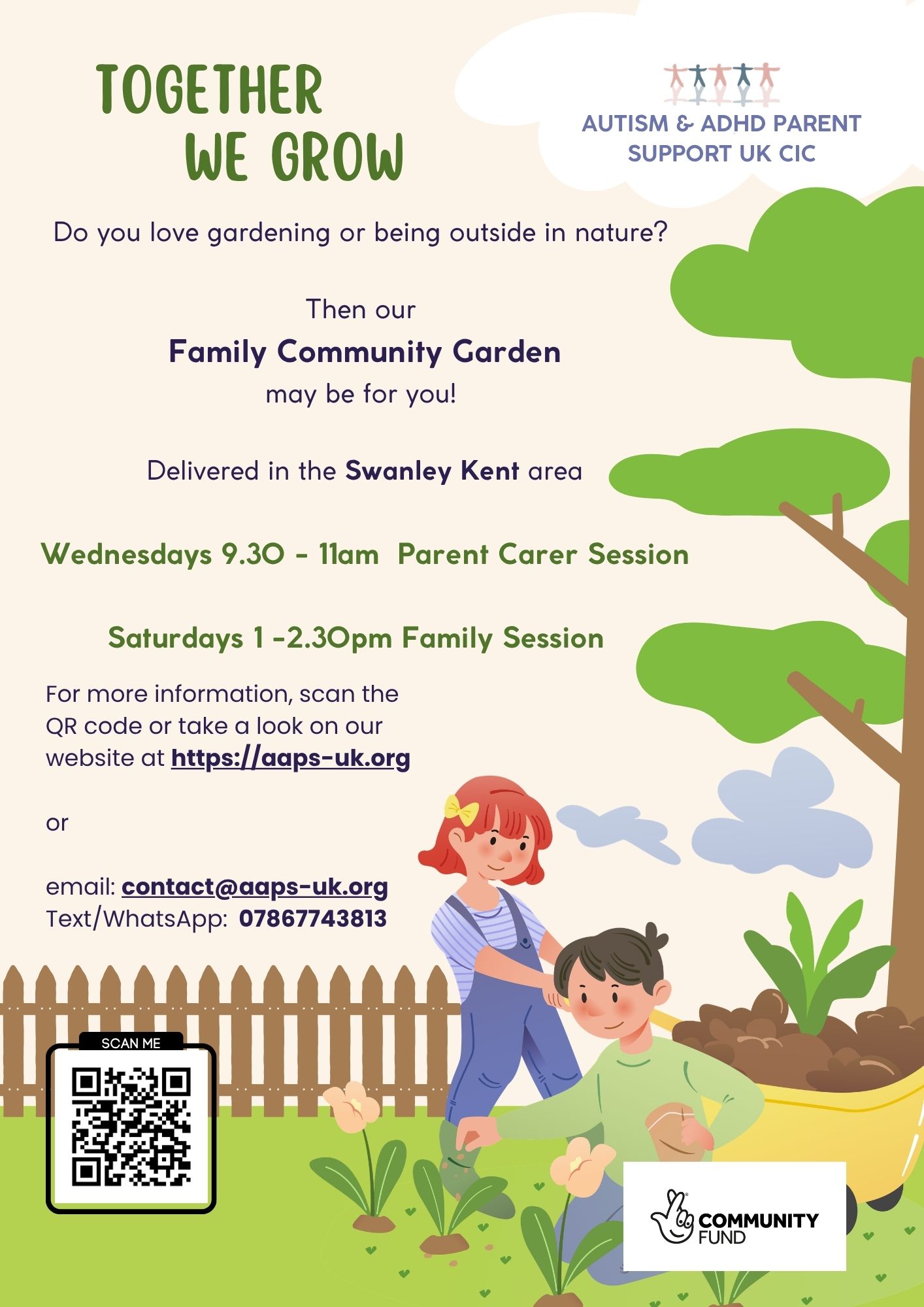 Image of the leaflet used to advertise our neurodivergent community garden. Picture contains cartoon type image of children gardening, one is pushing a wheelbarrow and another is sprinkling seeds. Full project information  is in the text below
