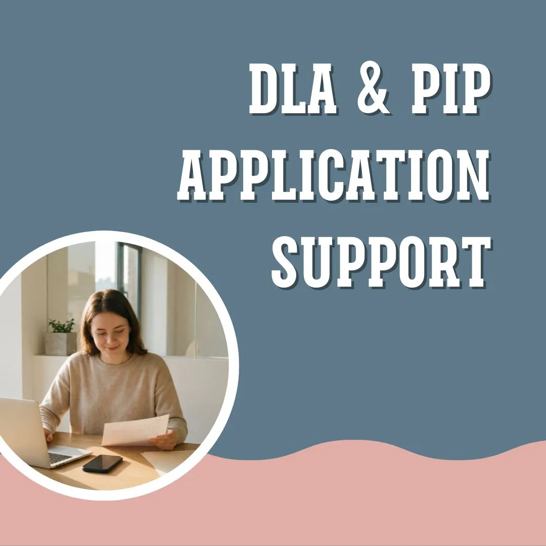 Pink and blue grahic, with a picture of a lady on a video call, wearing headphones, smiling with her hands held together in front of her. With text saying DLA application and  enwal. his image is a button to access the DLA application support sevices