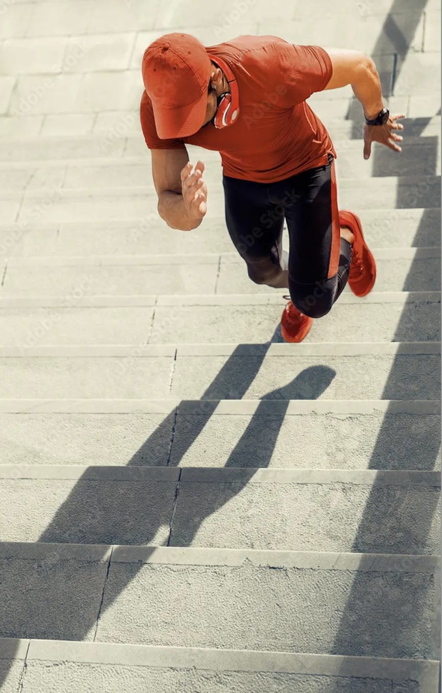 Man running up steps seeking clarity and peace of mind