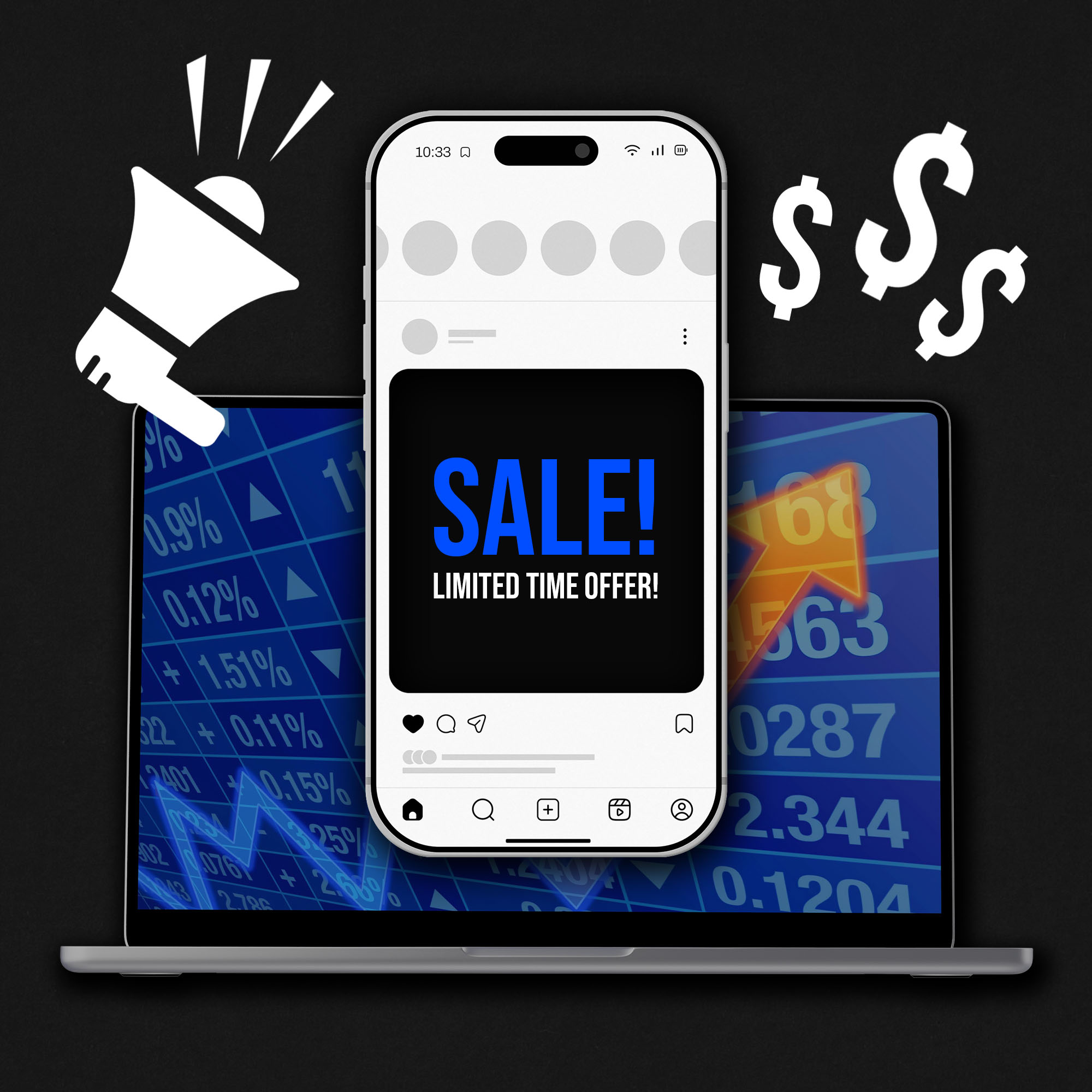 Edited Image of phone over laptop depicting rising stocks alongside a megaphone and exclamation graphics.