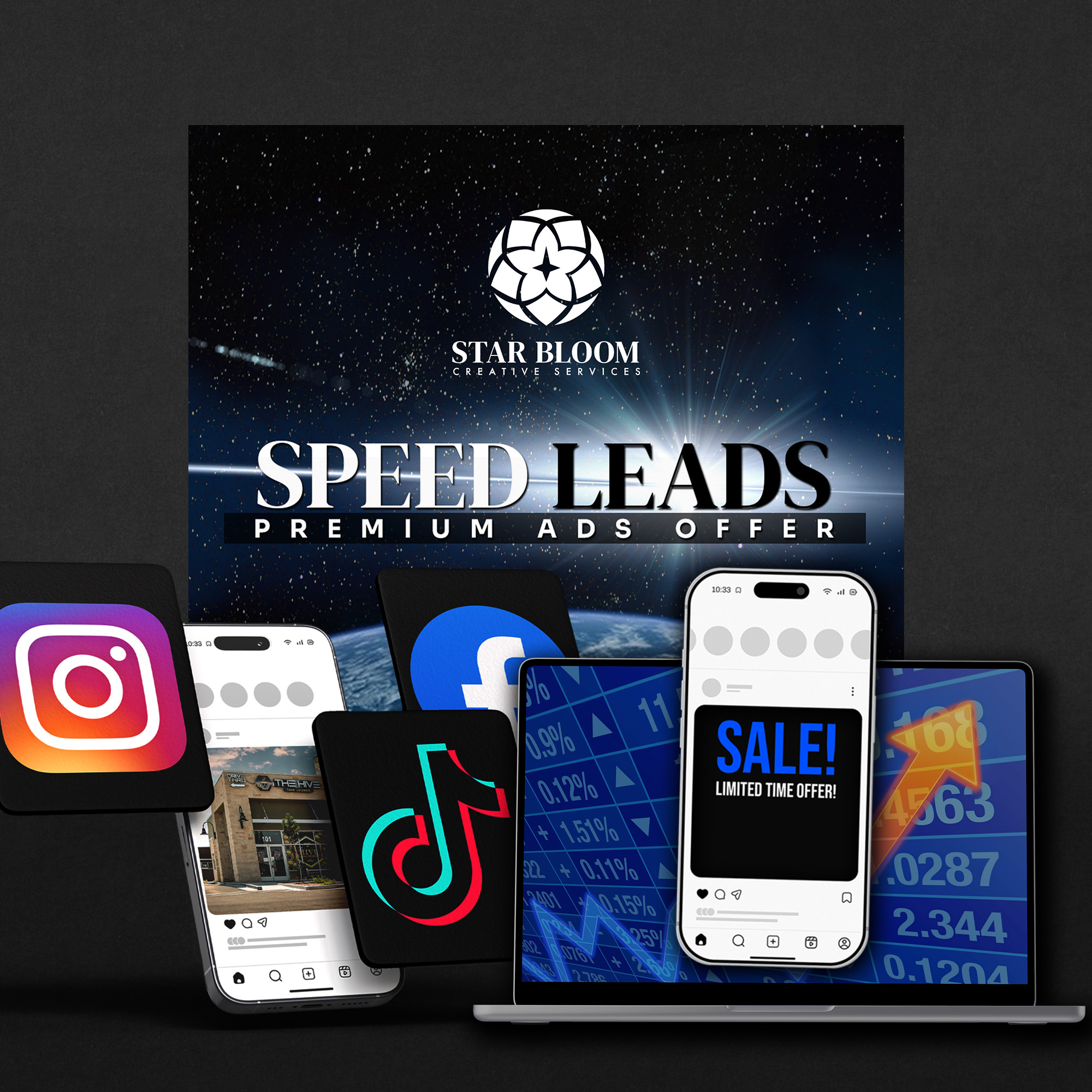 Offer image with two phones layed on top representing social media manegment and paid ads.