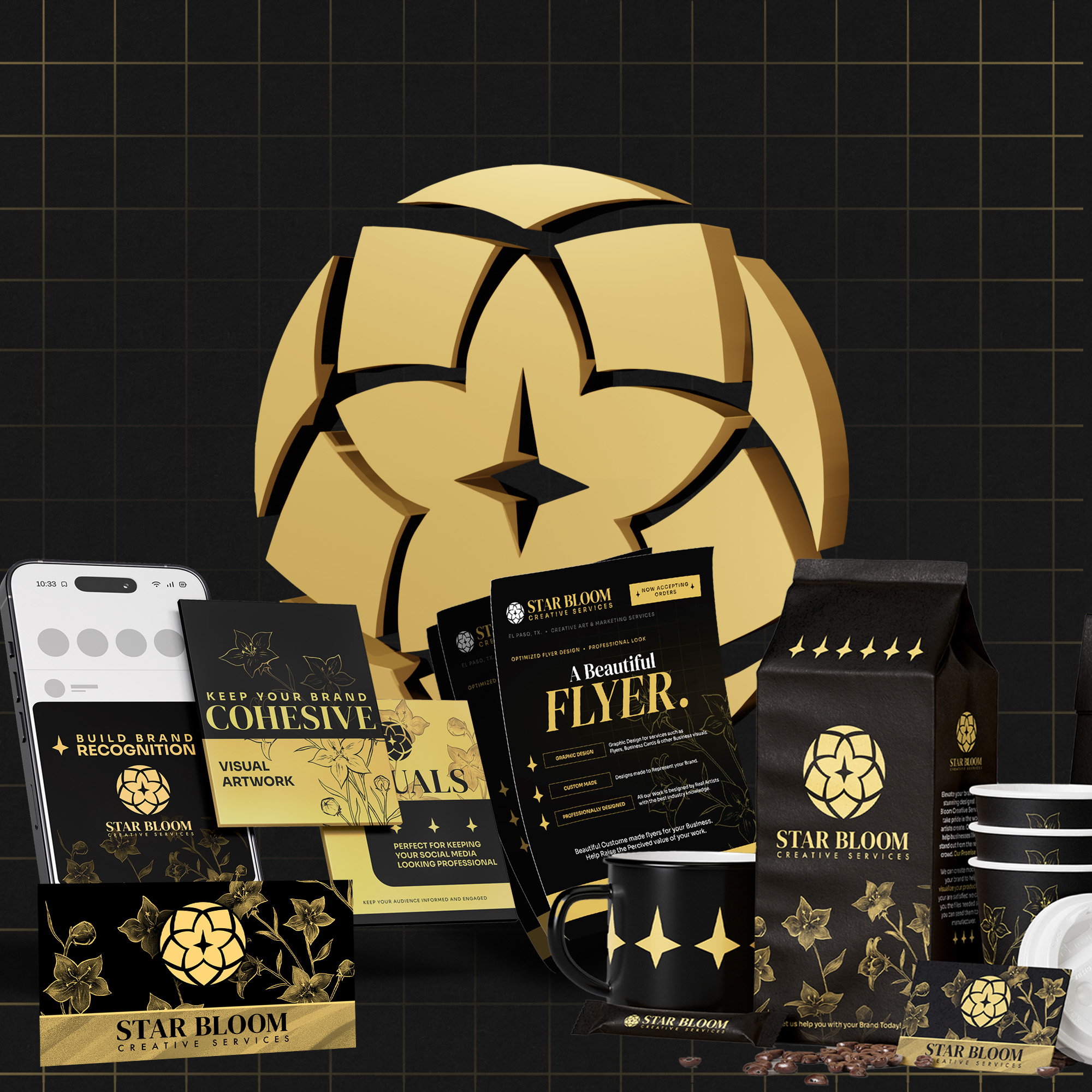 Visual service mash up edit featuring different products and designs branded by Star Bloom Creative Services.