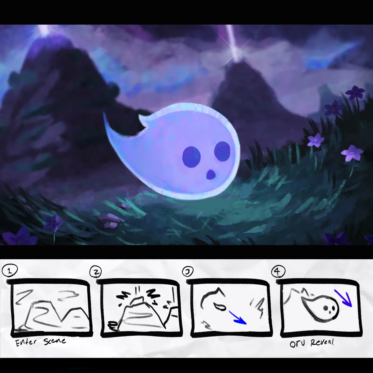 Custom illustration featuring a still image and a draft of animation thumnails.