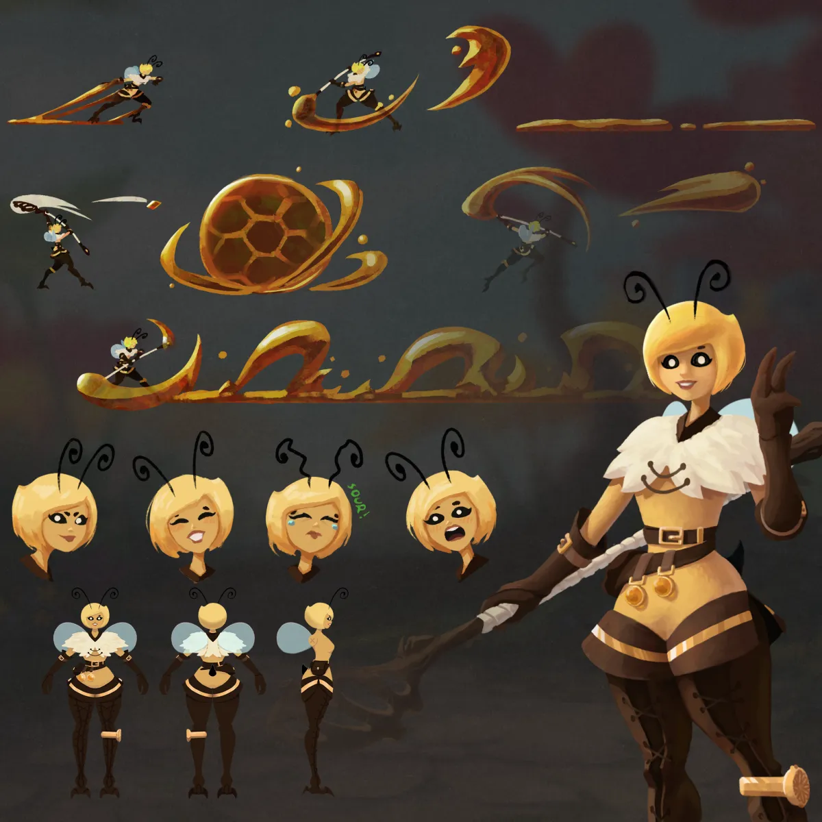Custom illustration featuring a character page of a honey bee character