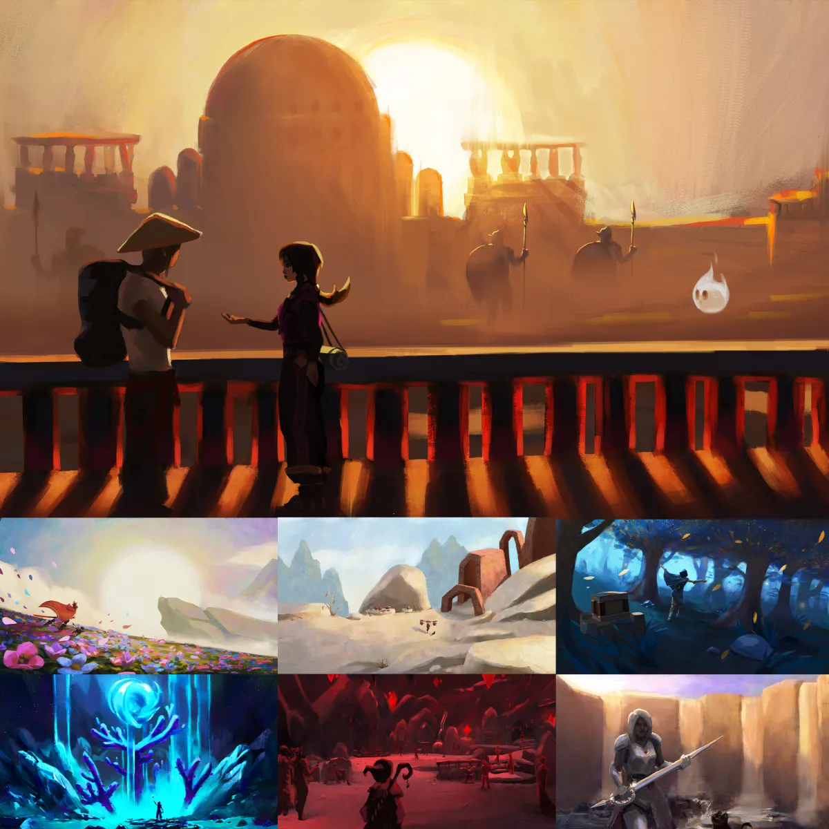 Custom illustration featuring multiple digitally painted fantasy locations.