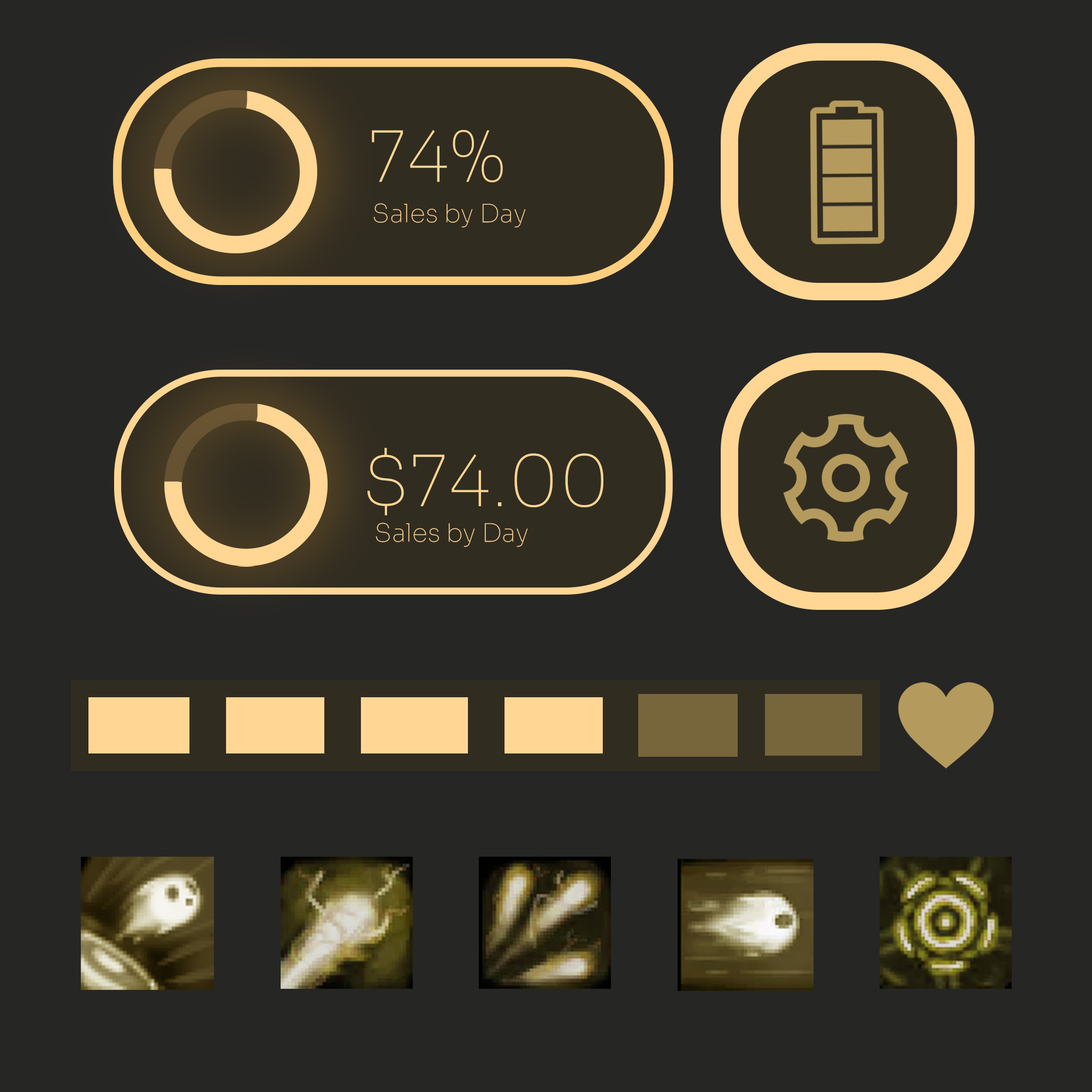 Custom UI Designs graphic featuring buttons, healthbar, and noification widgets.