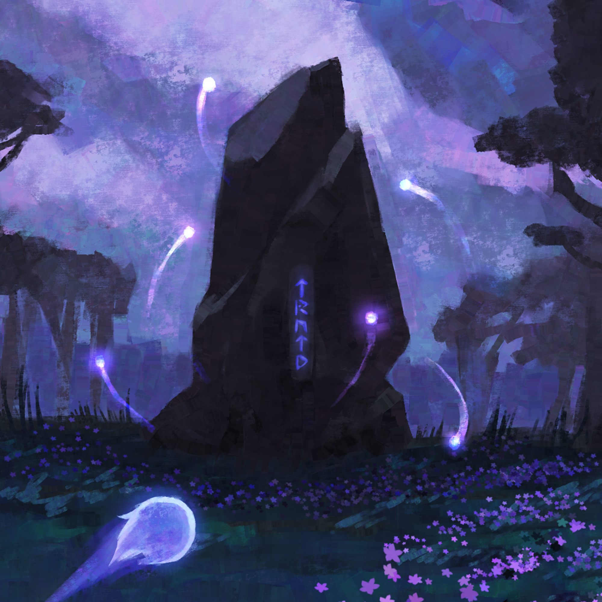 Custom illustration featuring a monolith fantasy location.