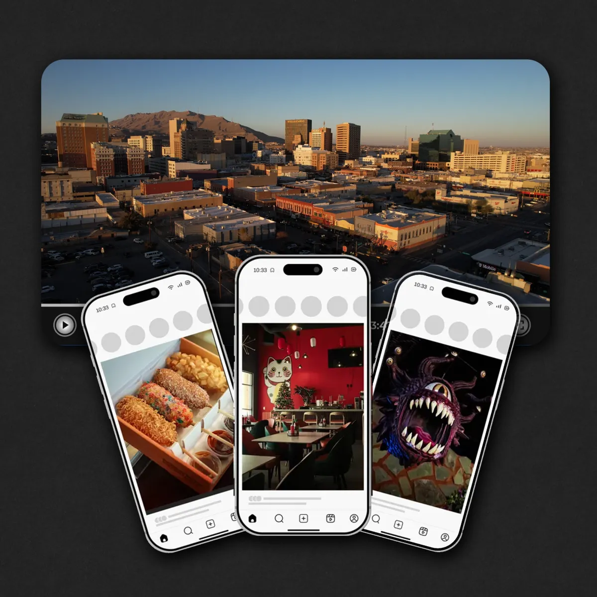 Horizontal video thumbnail image with three phones containing video thumbnail images layed over top.