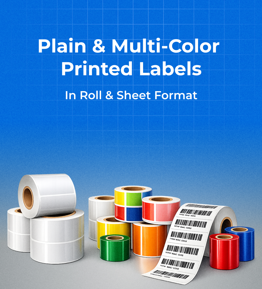 Plain and multi-color printed labels available in roll and sheet format for industrial and commercial use