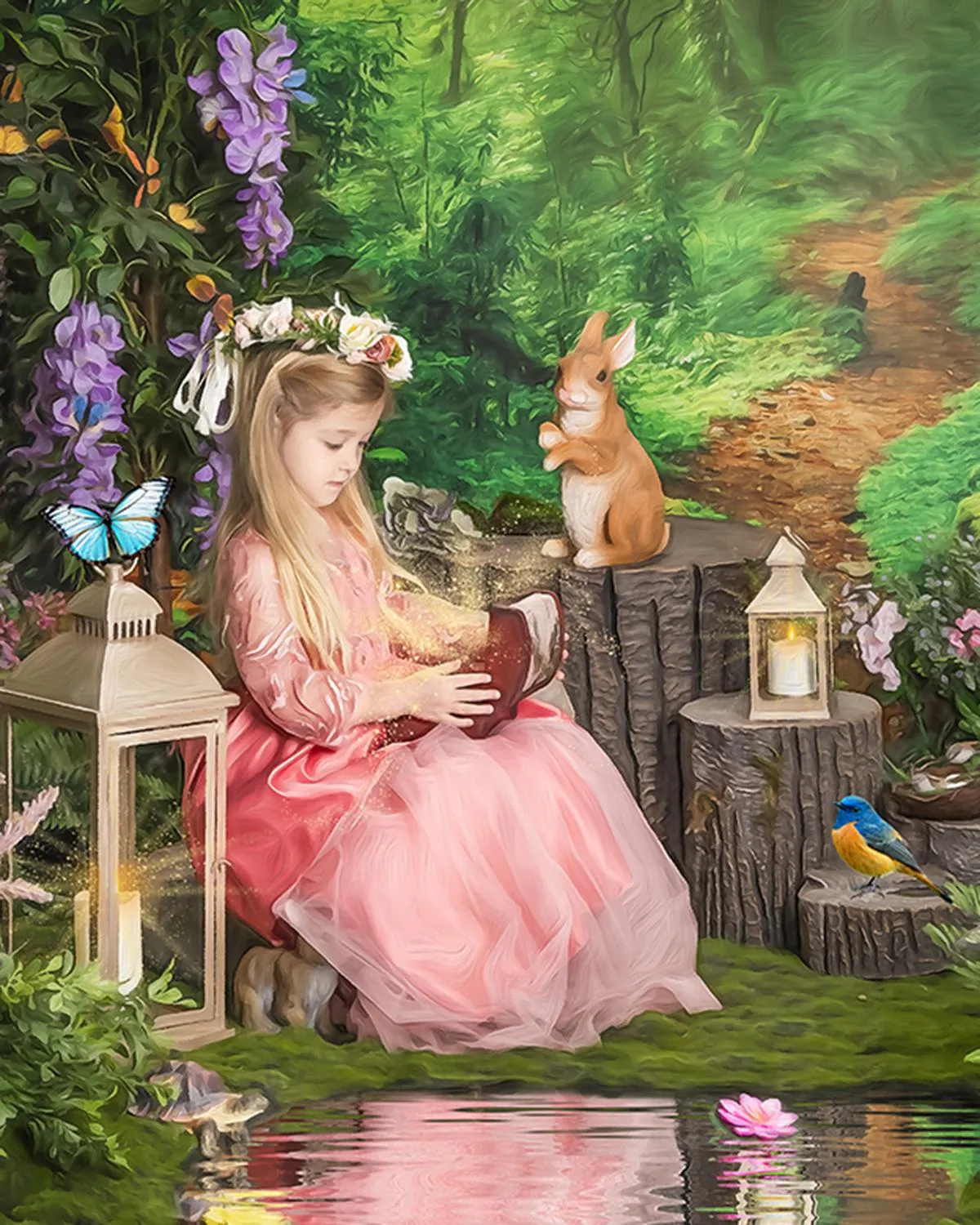 fairytale child portrait in magical fairy garden opening a treasure box