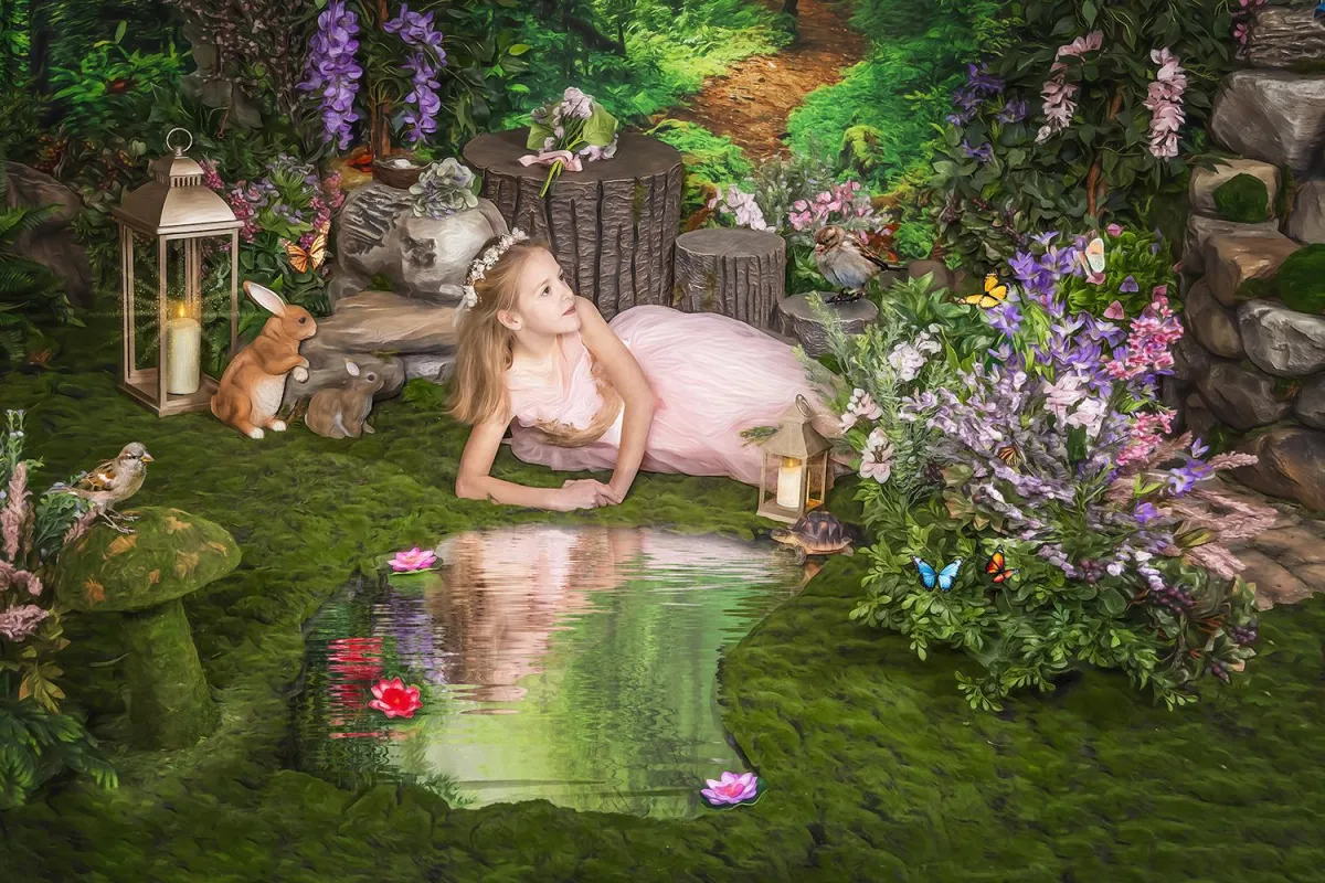 girl daydreaming in fairy magic garden child portrait fairytale story