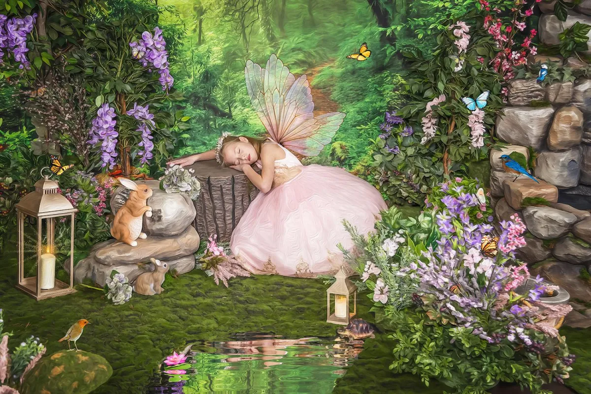 girl asleep in magic fairy garden child portrait