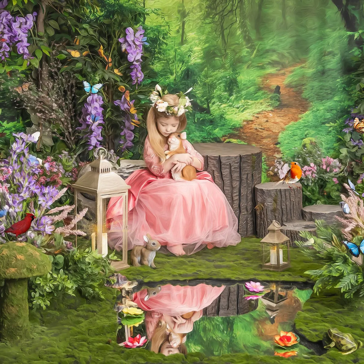 girl fairytale child portrait loving on bunny rabbit magic fairy garden