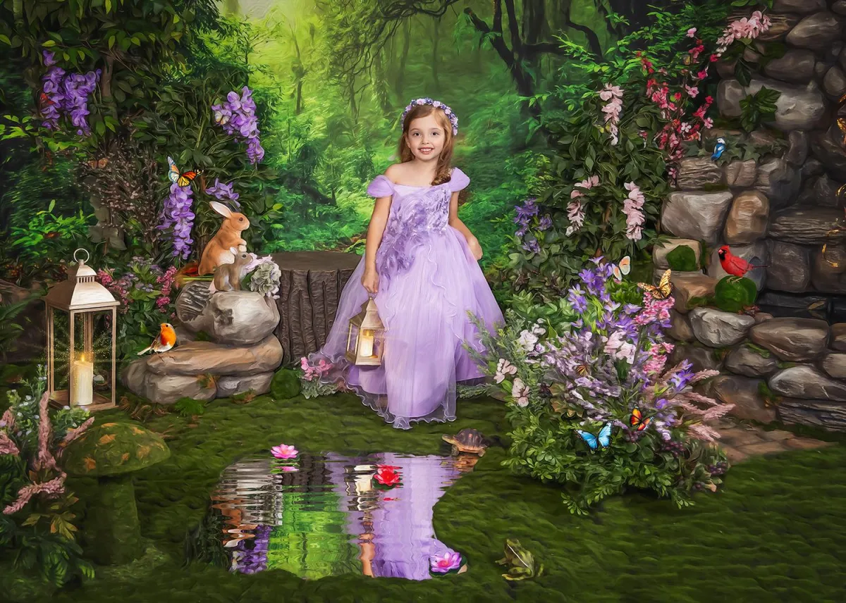 fairytale child portrait in a magic fairy garden floral crown princess dress