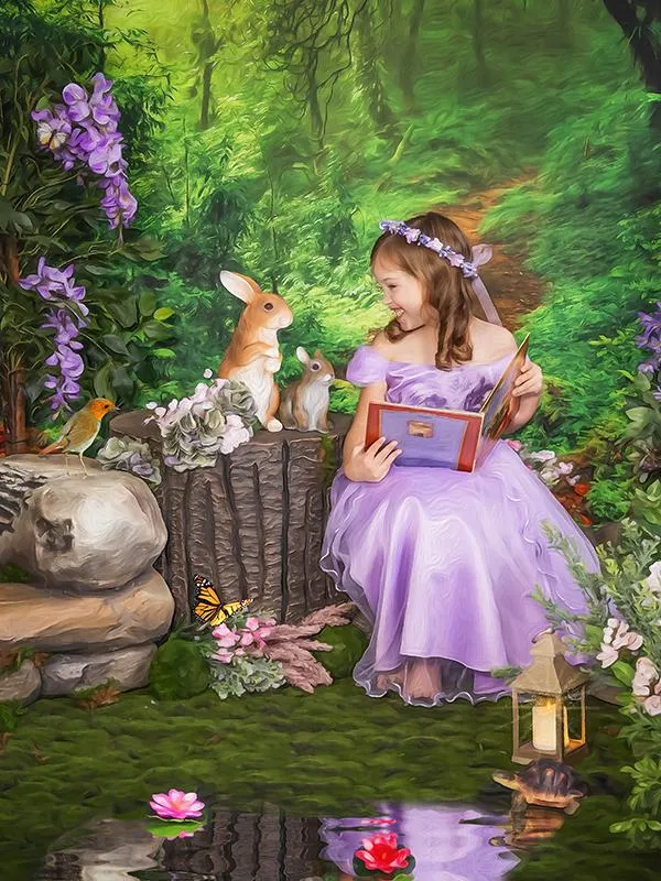 fairytale child portrait girl reading to bunnies in a magic fairy garden