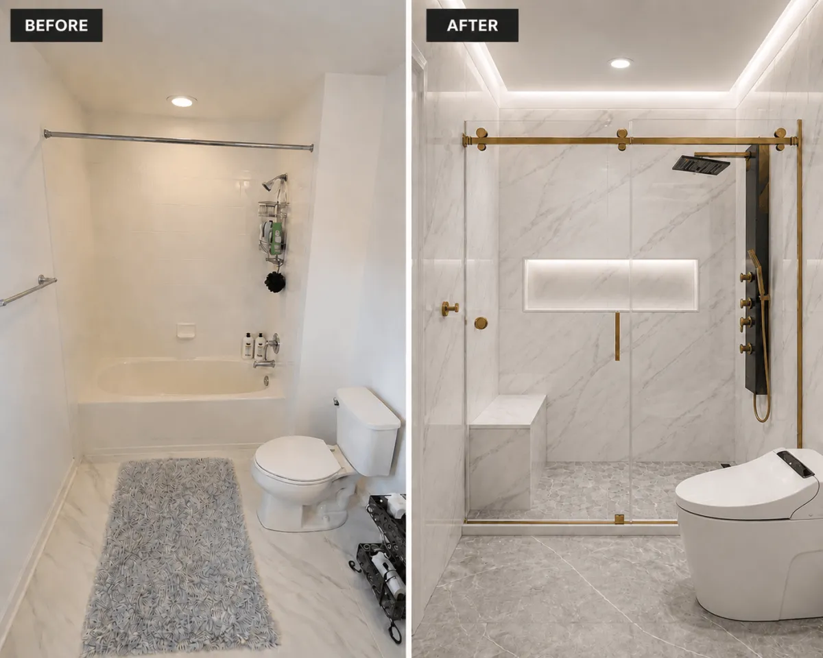 “Walk-in shower with low barrier entry and modern tile.”