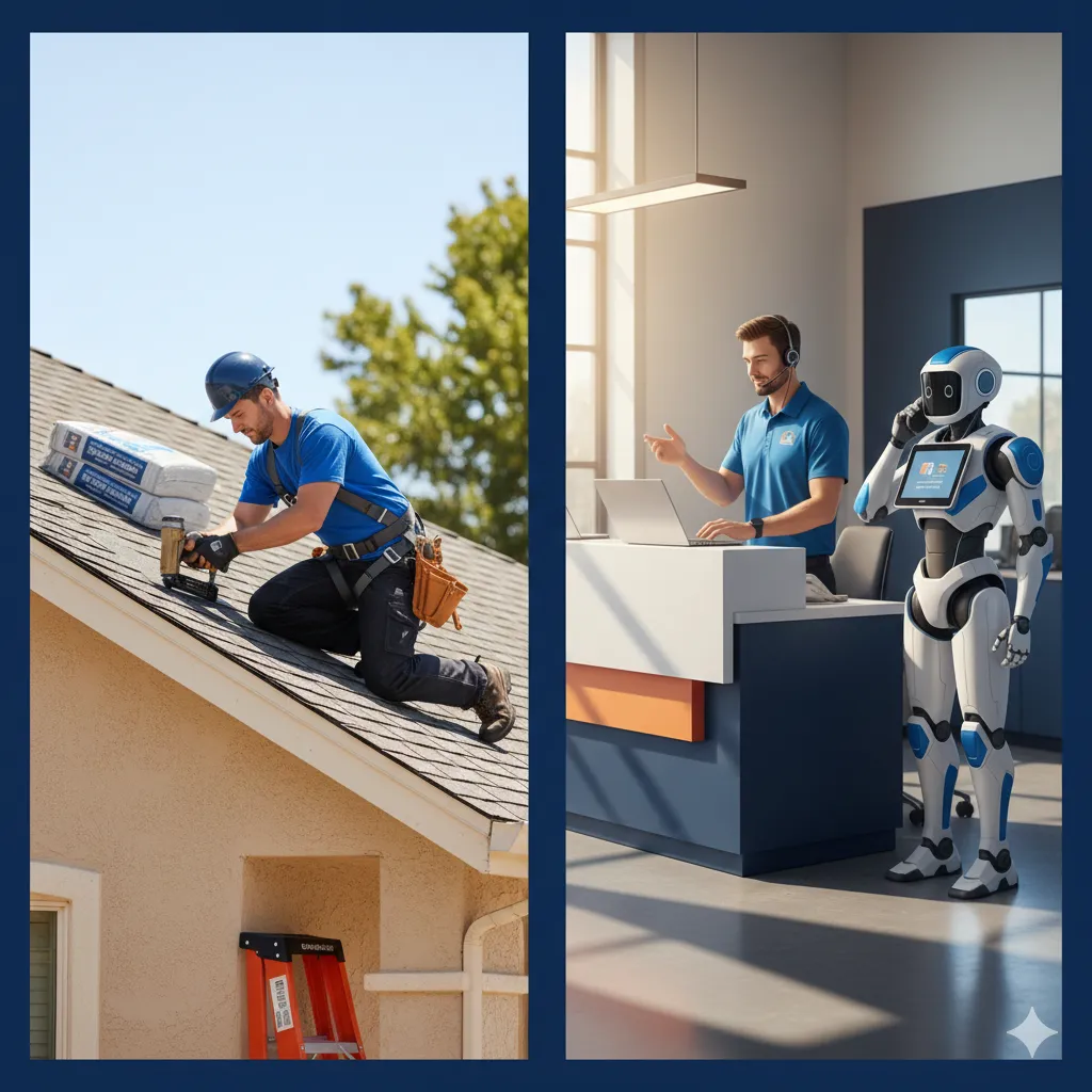 A roofer is working on a roof while a human and an AI robot answer calls in the office