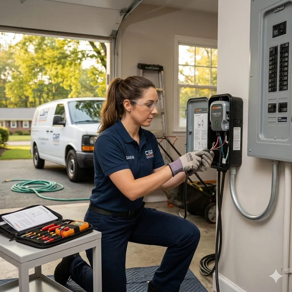 An electrican fixing an eletrical panel in a garage