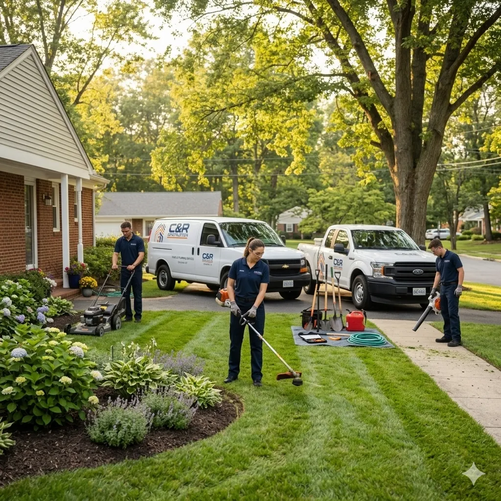 A landscaping crew at work in a frontyard