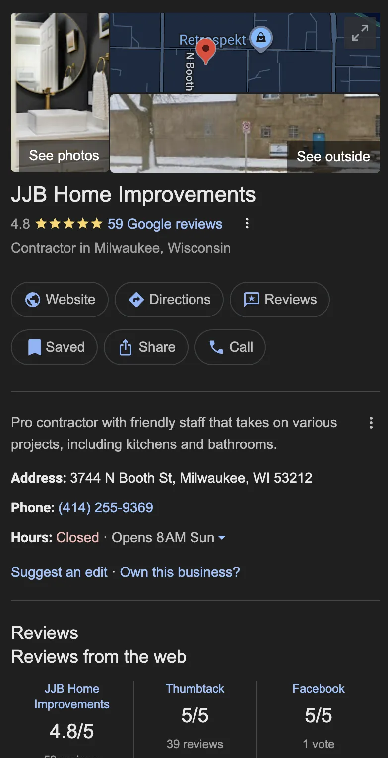 A sample Google Business Profile for a remodeling contractor business