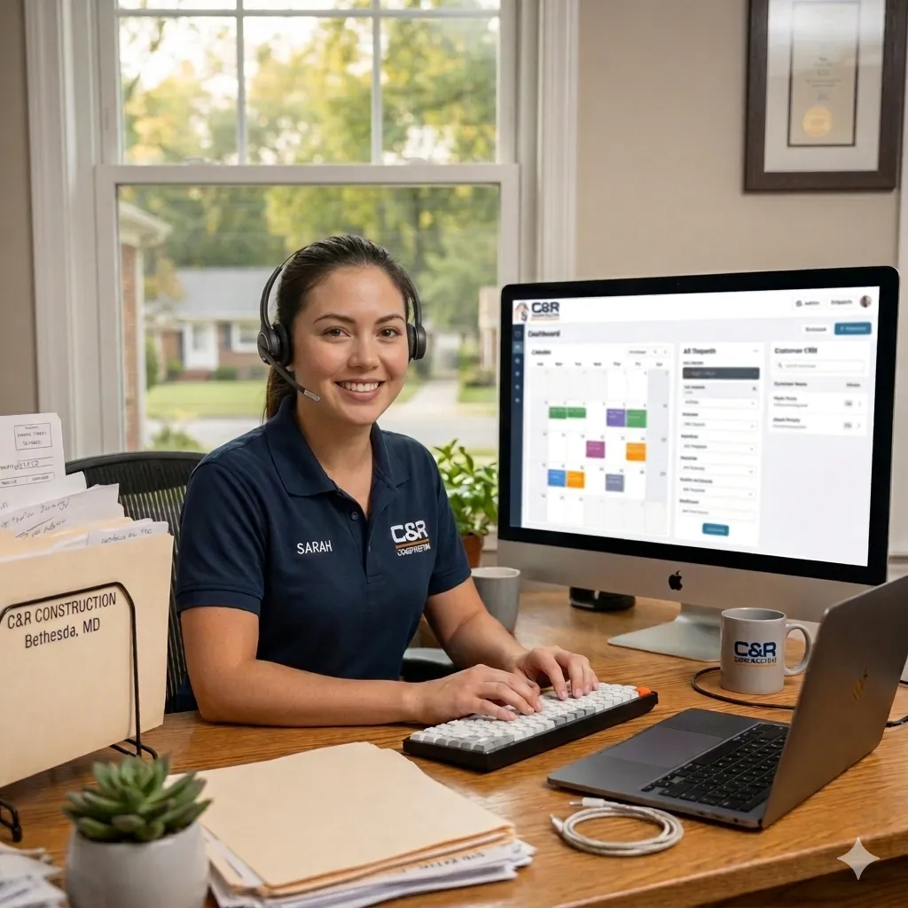 Friendly, professional person at a clean, well-lit desk with a headset. Warm, engaged expression. 