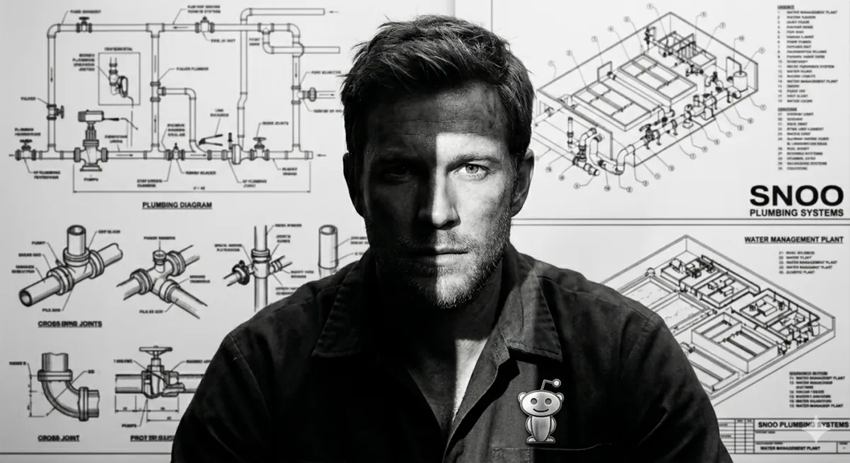 Plumber in front of schematic drawings