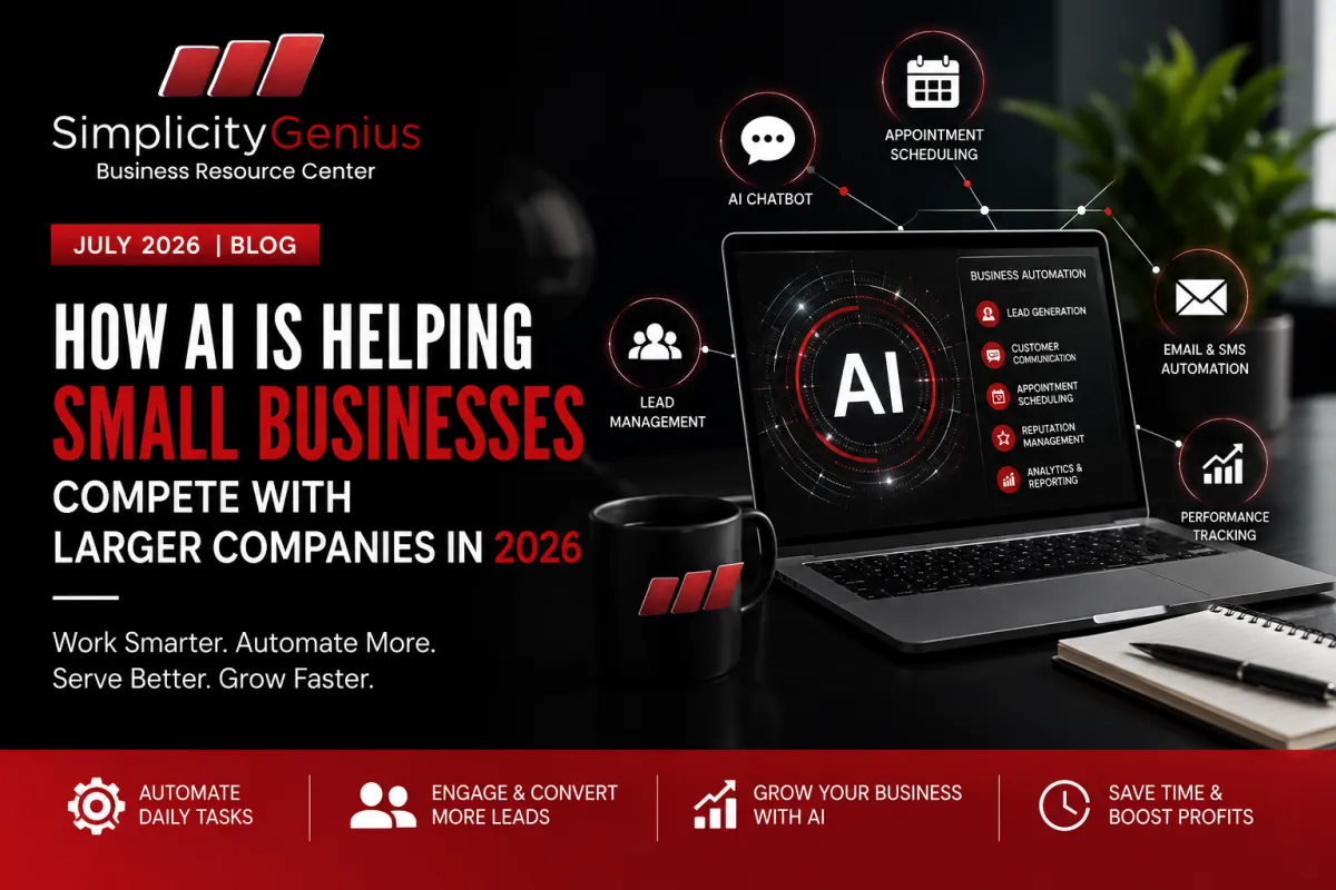 Business owner using AI automation software to help a small business compete with larger companies through customer communication, lead management, marketing automation, and business growth in 2026.